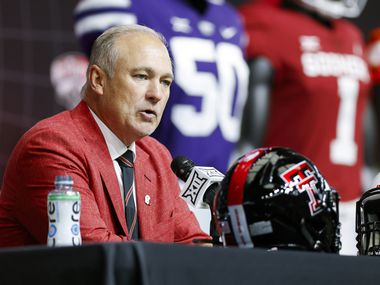 Texas Tech head coach Joey McGuire speaks during the Big 12 Media Days at AT&T Stadium,...