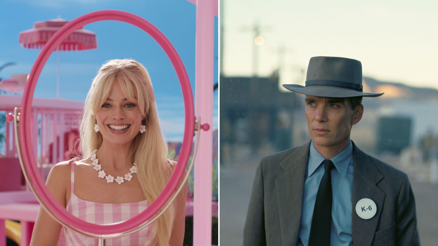 This combination of images shows Margot Robbie in a scene from "Barbie," left, and Cillian...