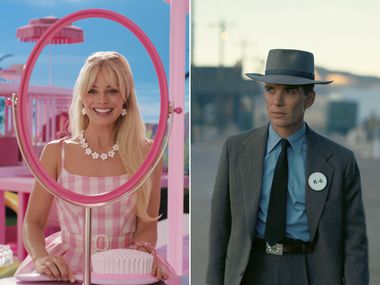This combination of images shows Margot Robbie in a scene from "Barbie," left, and Cillian...