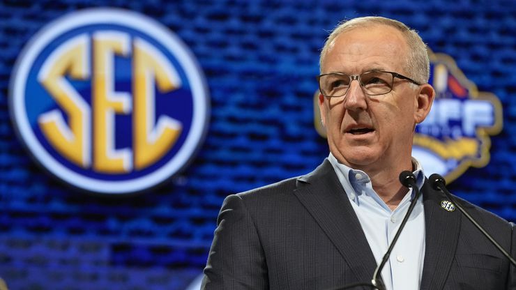 SEC Commissioner Greg Sankey speaks during the NCAA college football Southeastern Conference...