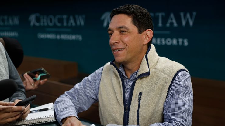 Texas Rangers President Jon Daniels talks with media at Globe Life Field in Arlington on...