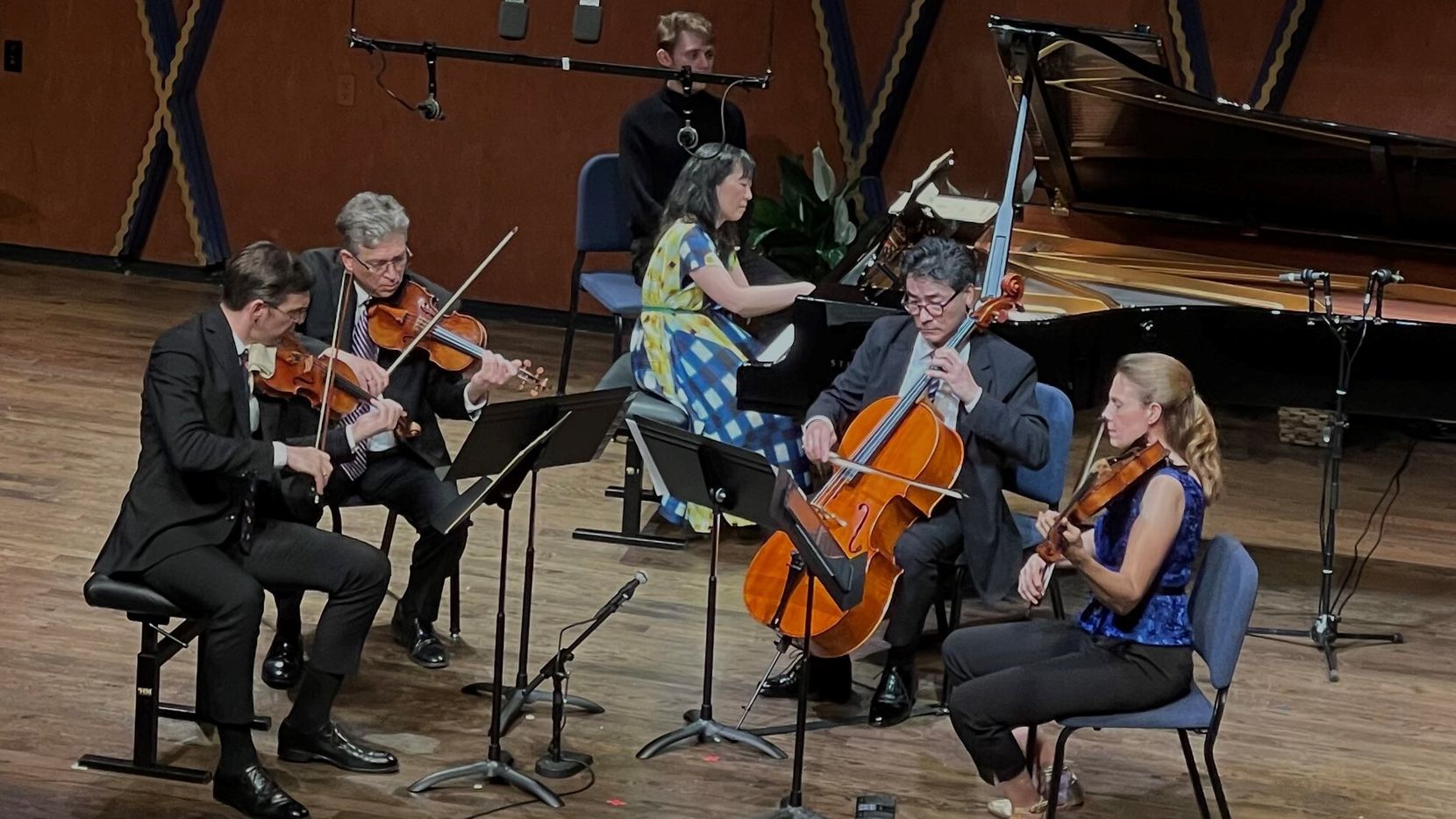 L to R, violinists Jesse Mills and Curt Thompson, pianist Rieko Aizawa, cellist Ole Akahoshi...