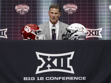 Oklahoma head coach Brent Venables speaks during the Big 12 Media Days at AT&T Stadium,...