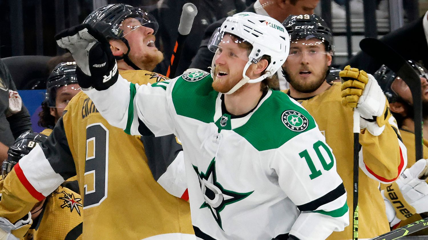 Dallas Stars center Ty Dellandrea (10) celebrates his first of two goals in front of the...
