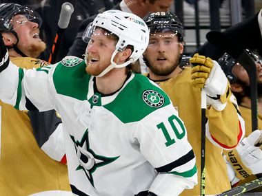Dallas Stars center Ty Dellandrea (10) celebrates his first of two goals in front of the...